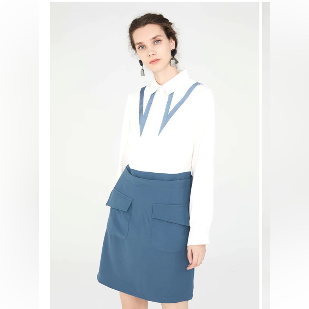 CUBIC White & Teal MIDI Dress with Double Collar Size L